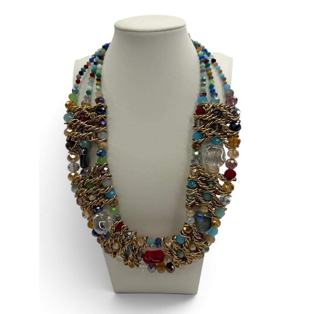 Multicolor Beadedā Statement Necklace Gold Tone Chunky Woven Bib Eclectic Boho